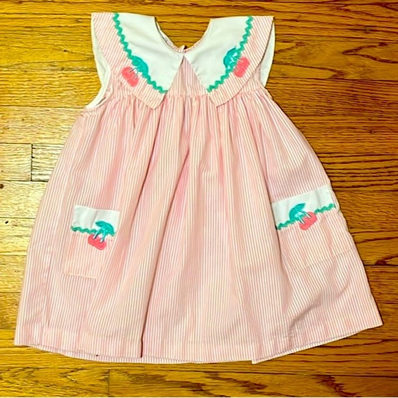 Other - 🍒 Vintage Girls Pink Collared Cherry Seersucker Dress 🍒